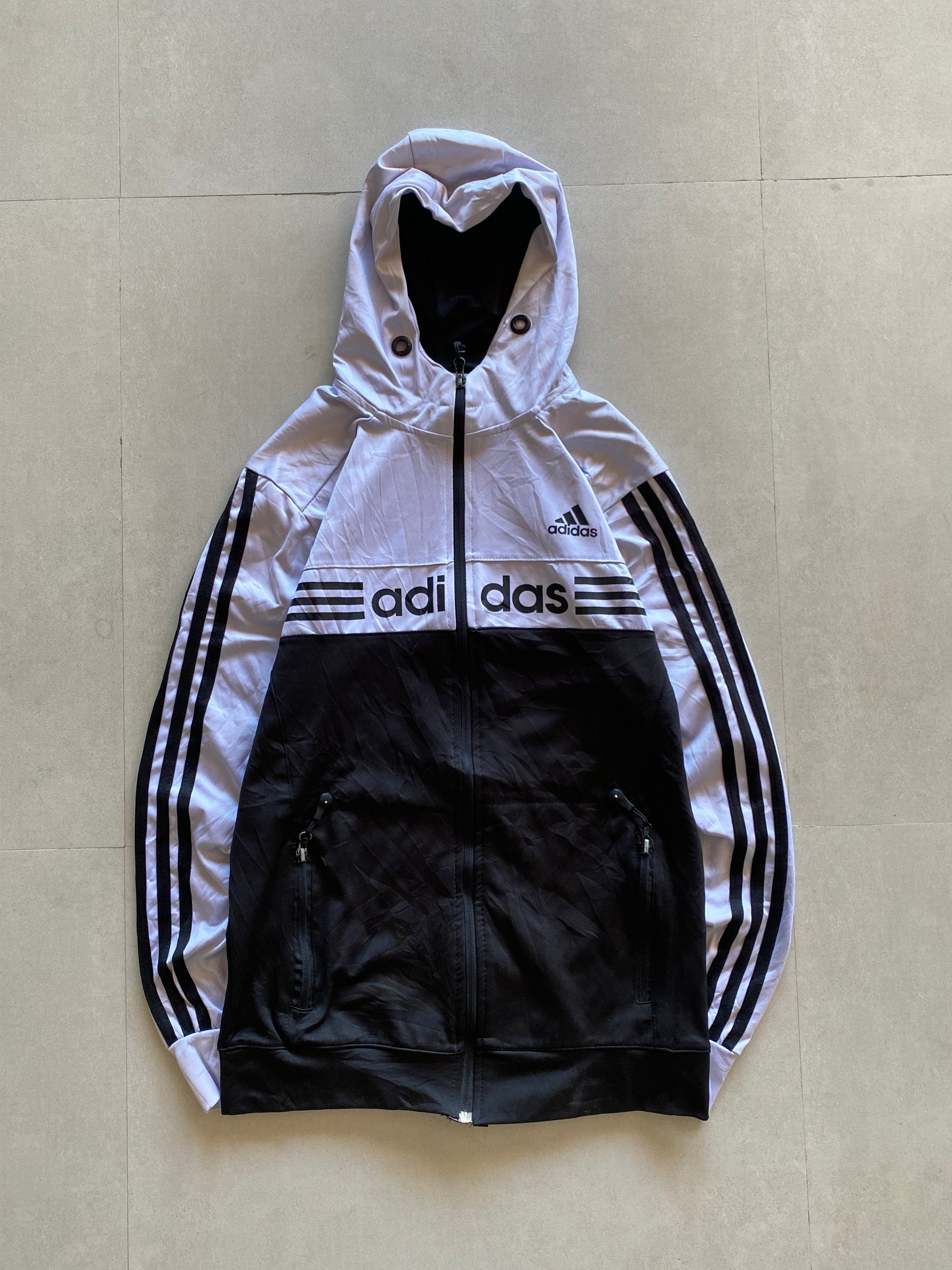 ADIDAS STRIPED HOODED JACKET - XS