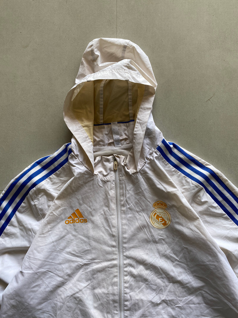 VINTAGE ADIDASREAL MADRID STRIPED HOODED JACKET - XL