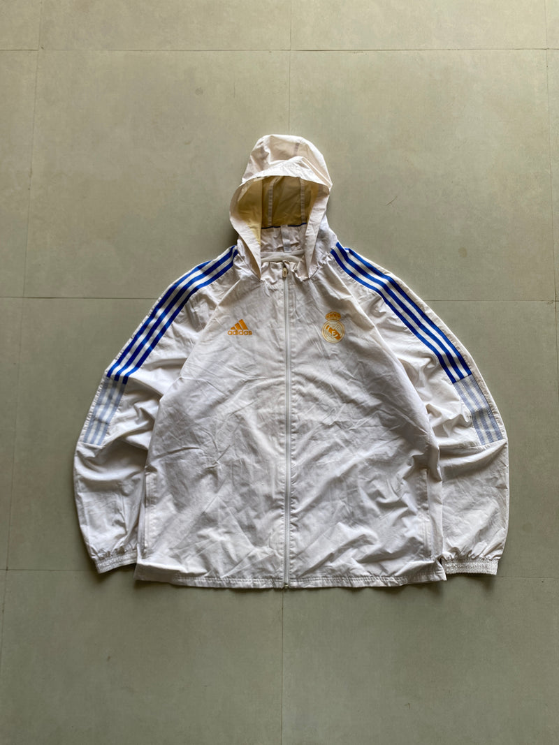 VINTAGE ADIDASREAL MADRID STRIPED HOODED JACKET - XL